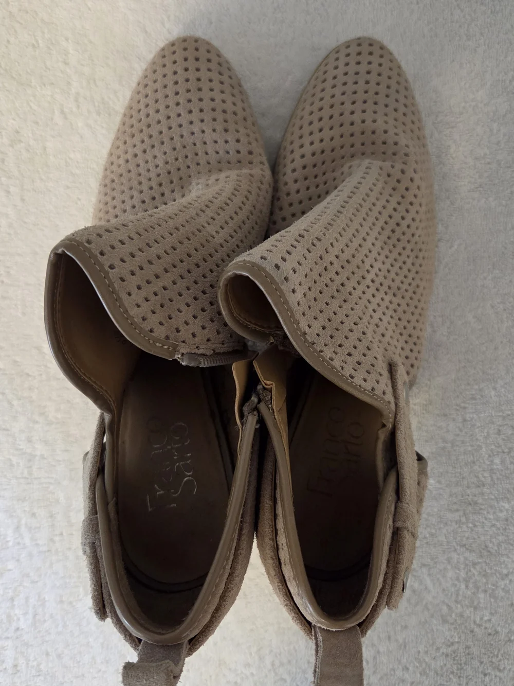 Franco Sarto Perforated Suede Block Heel Booties - Taupe